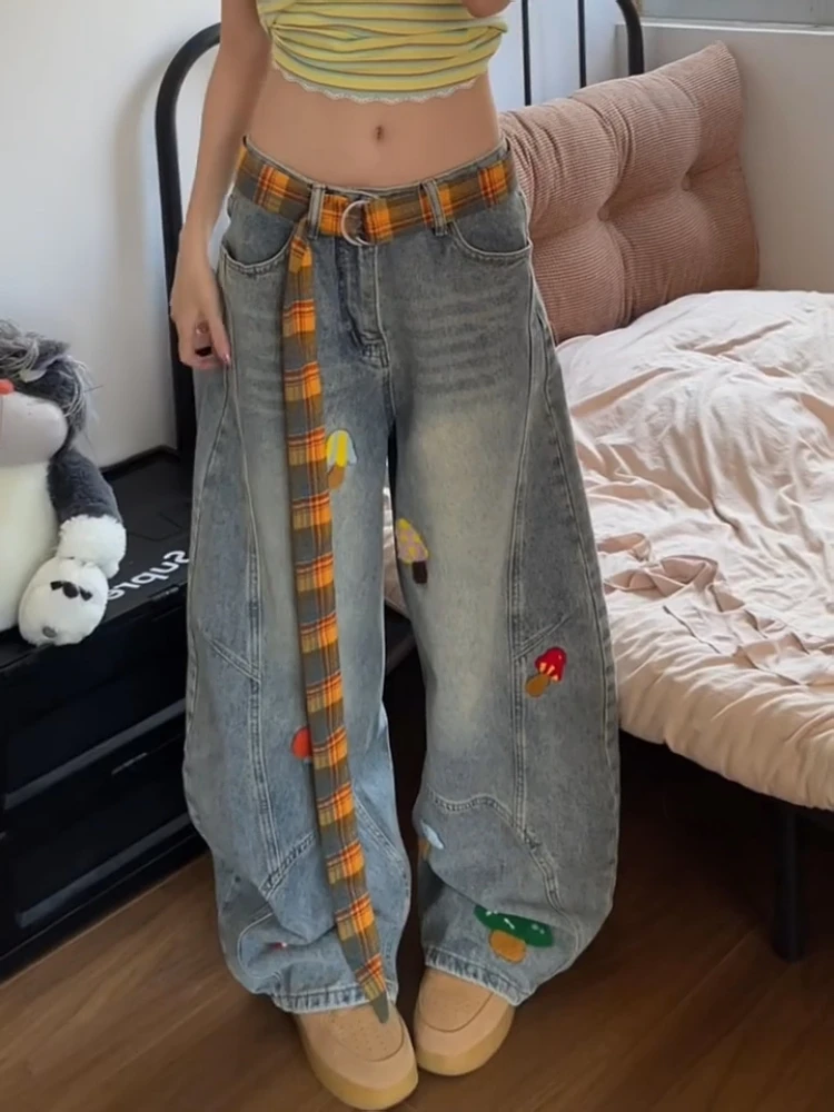 【送腰带】美式卡通毛巾绣弯刀牛仔裤女秋季宽松直筒阔腿拖地镰刀裤