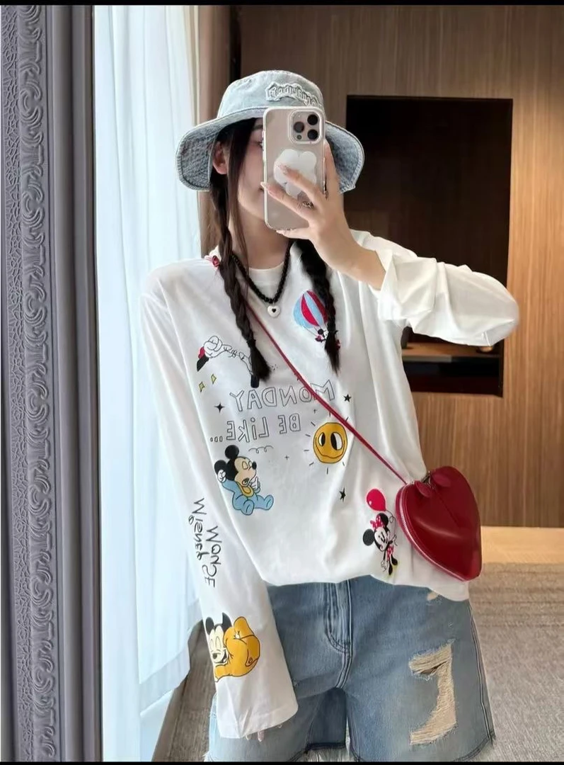 2025春夏款慵懒风长袖卡通字母印花薄棉防晒T恤女韩系