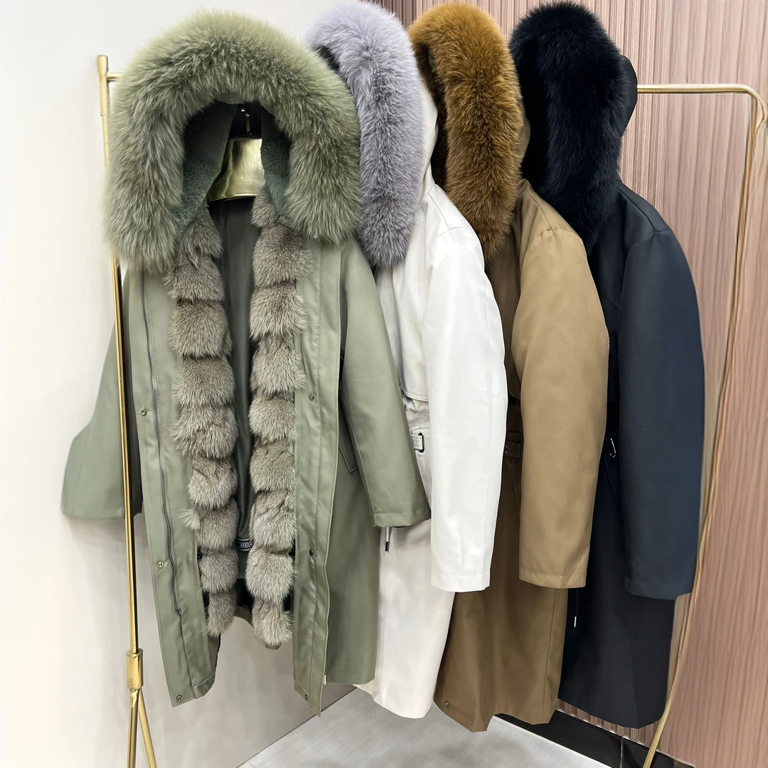 真狐狸头毛+兔毛皮内胆派克服2024新款可拆卸连帽长款皮毛一体