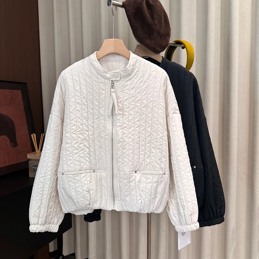 高级感轻薄拉链立领棉服短外套女2025秋季新款气质大版百搭上衣