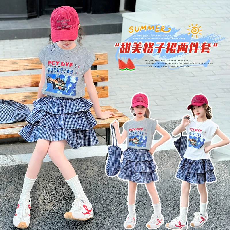 女童夏款套装大童洋气休闲小飞袖字母印花宽松T恤蛋糕裙格子短裙