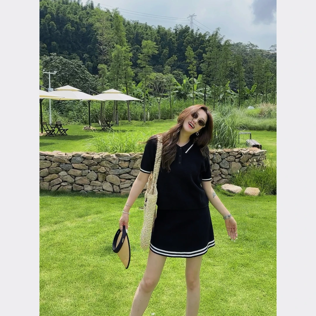 祝喜喜【文艺庄园】小香风针织撞色polo领时尚气质短裙套装夏季显瘦