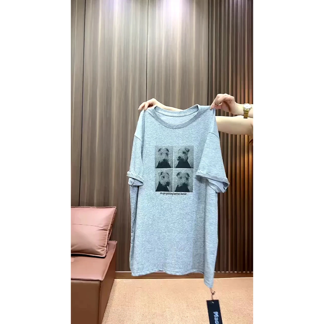 夏季新款休闲百搭宽松四宫格小狗印花圆领短袖T恤