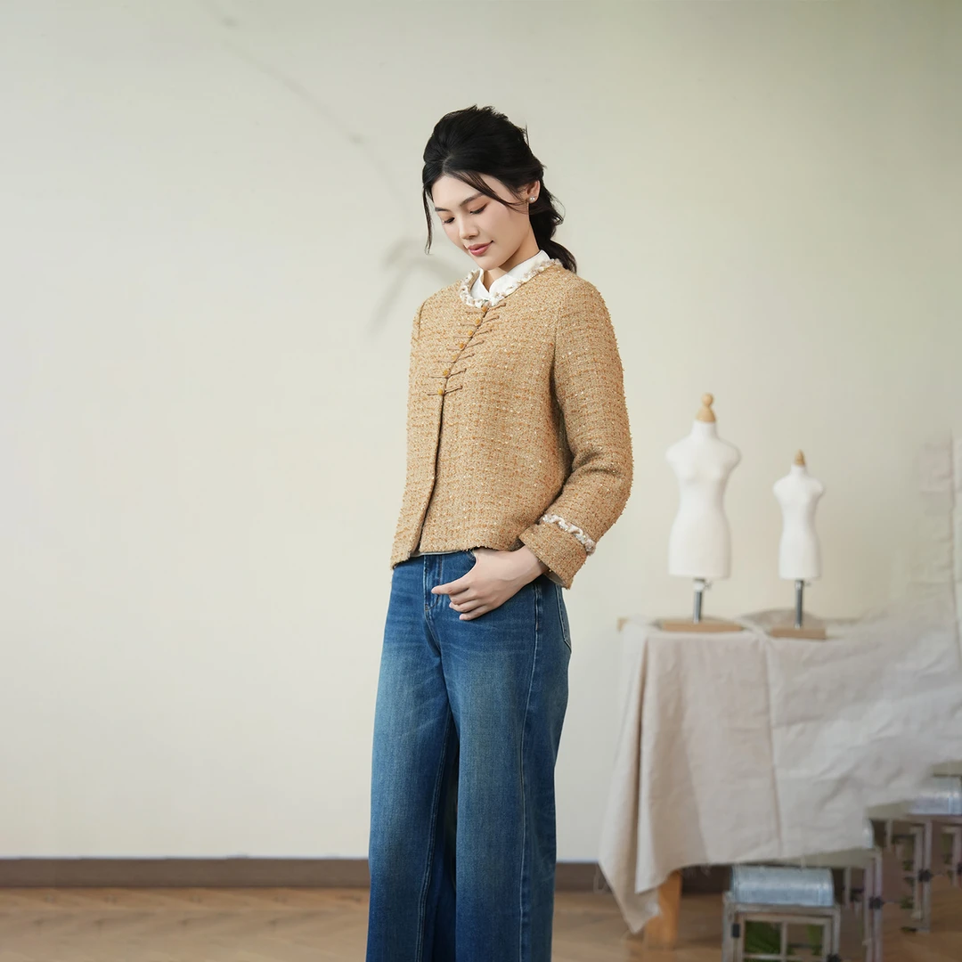 布符「姜黄羊毛毛呢小香风附花边外套」秋季新品中式盘扣女MQWTD6