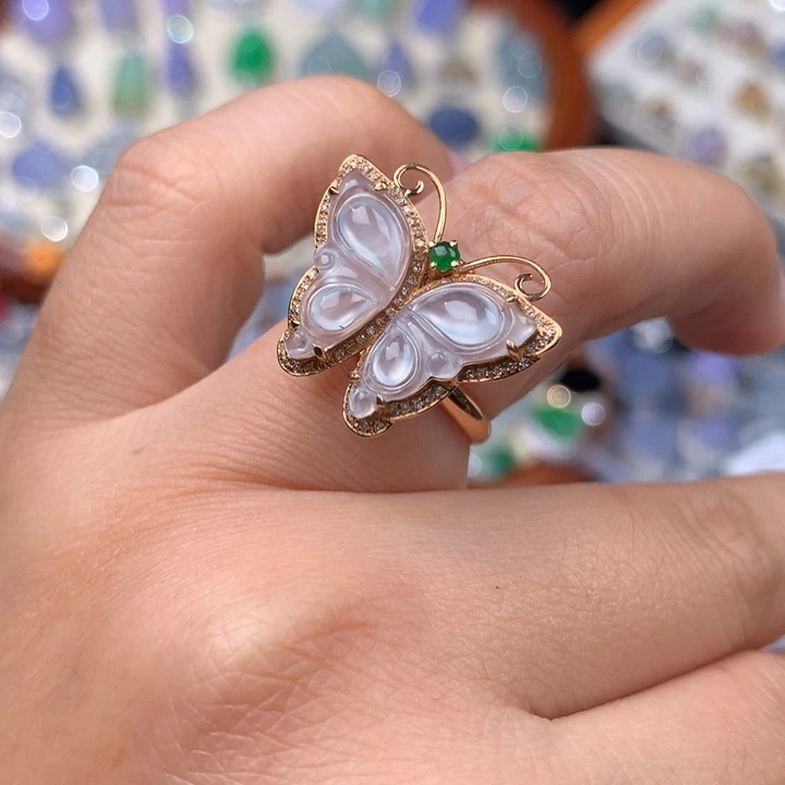 翡翠戒指18K金镶嵌蝴蝶两用款