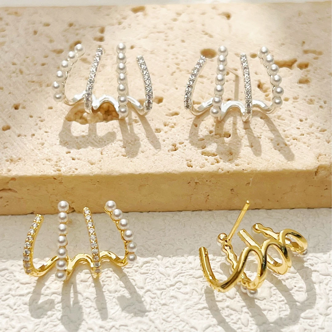 黄铜合成锆石耳饰 精致百搭钉耙耳钉小米珠耳环高级感耳饰简约