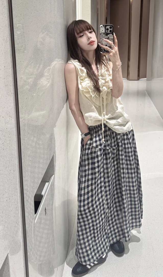 5283#日系文艺风松紧腰黑白格亚麻A字夏季半身长裙百搭显瘦