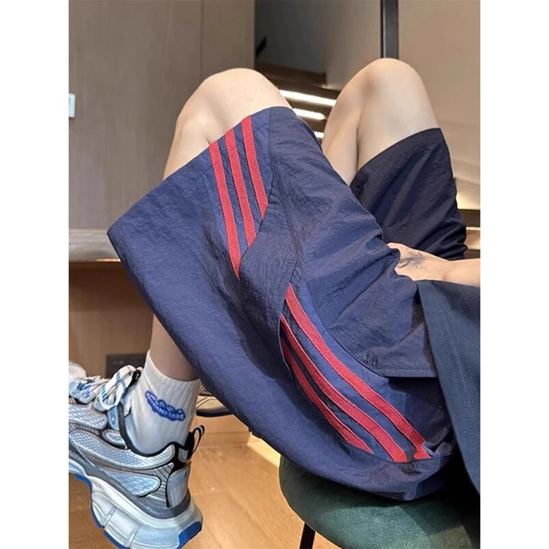 美式条纹速干短裤男款夏季宽松休闲五分裤透气篮球运动大码裤子