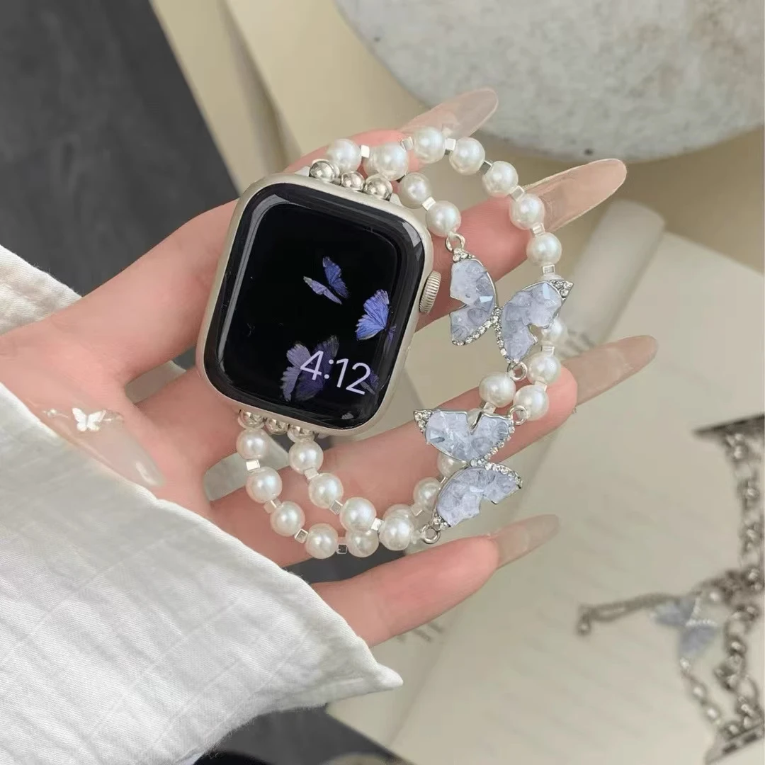 矿晶大蝴蝶s10链条表带iwatchs10代女蝴蝶链条iwatch夏天串珠新款