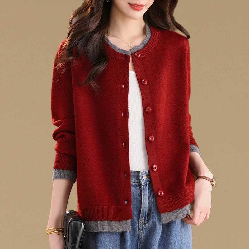 高端拼色假两件针织开衫女大码胖mm短毛衣外套宽松显瘦外搭披肩潮