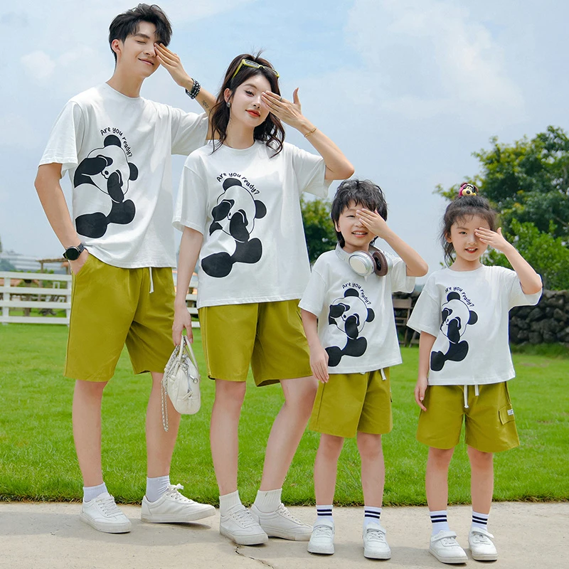 卡通图案亲子装夏季新款一家三口四口T恤短裤套装全家旅行两件套