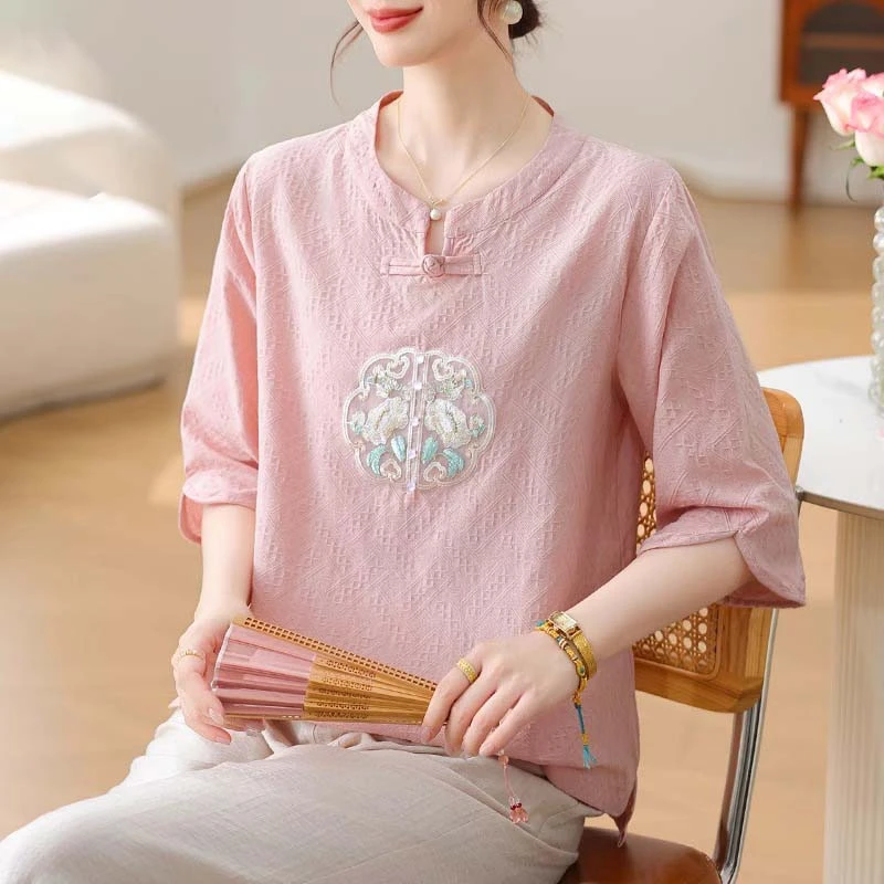 新中式妈妈夏装2025新款国风小衫中老年女春夏七分袖雪纺衬衫上衣