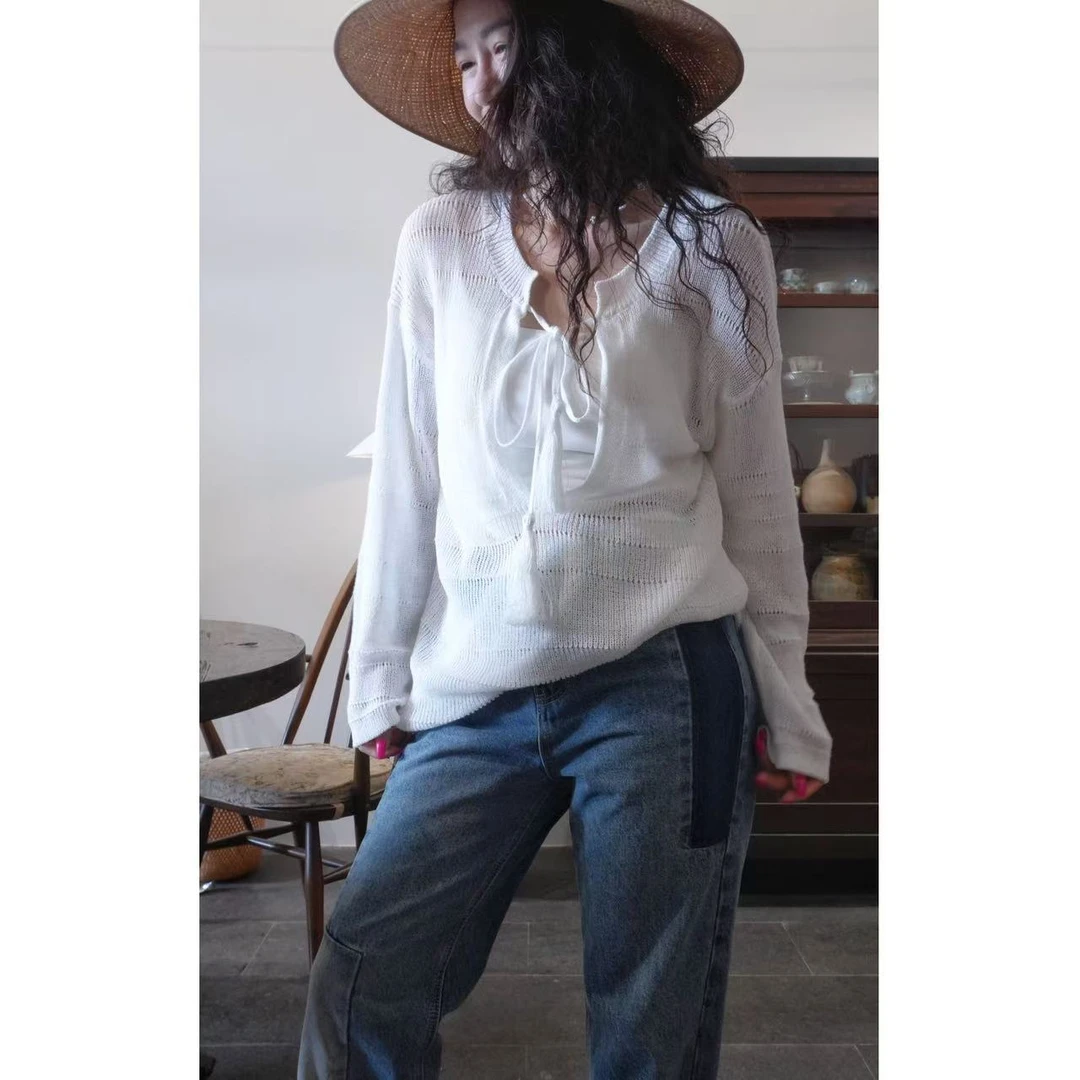 A2215云柔慢步扎带针织衫白色均码