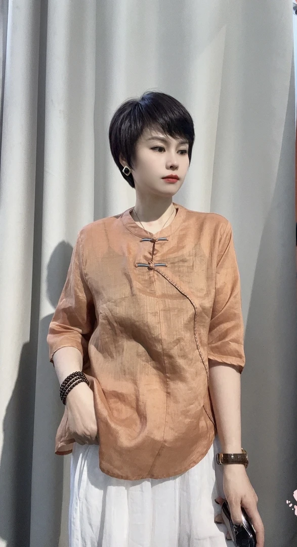 复古苎麻盘扣中袖衬衫斜襟设计宽松休闲夏季薄款上衣