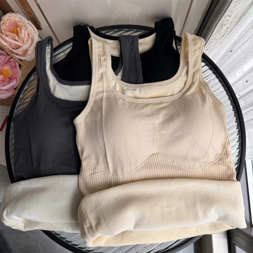 毛茸茸!秋冬加绒加厚背心女带胸垫一体保暖内衣针织吊带打底内搭