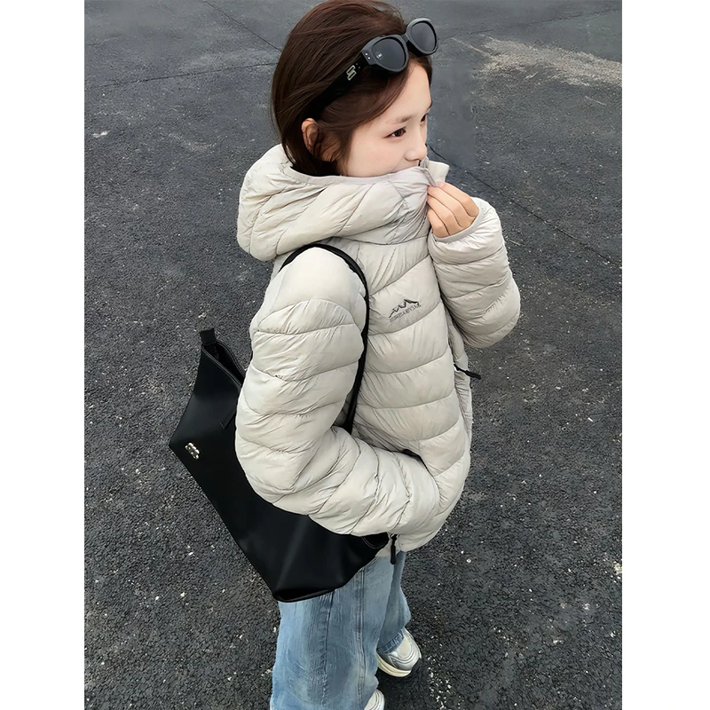 浅灰色连帽排骨棉服男女冬季加厚保暖棉衣夹克韩系氛围感短款外套