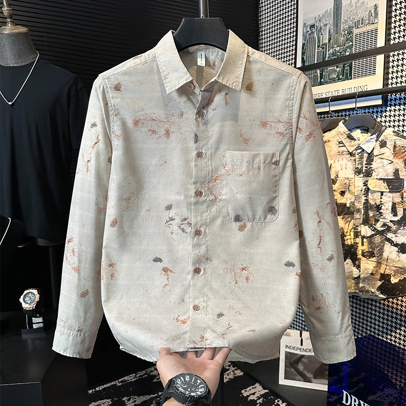 DBXB潮牌日系清新印花长袖衬衫男士新款时尚百搭文艺休闲宽松衬衣