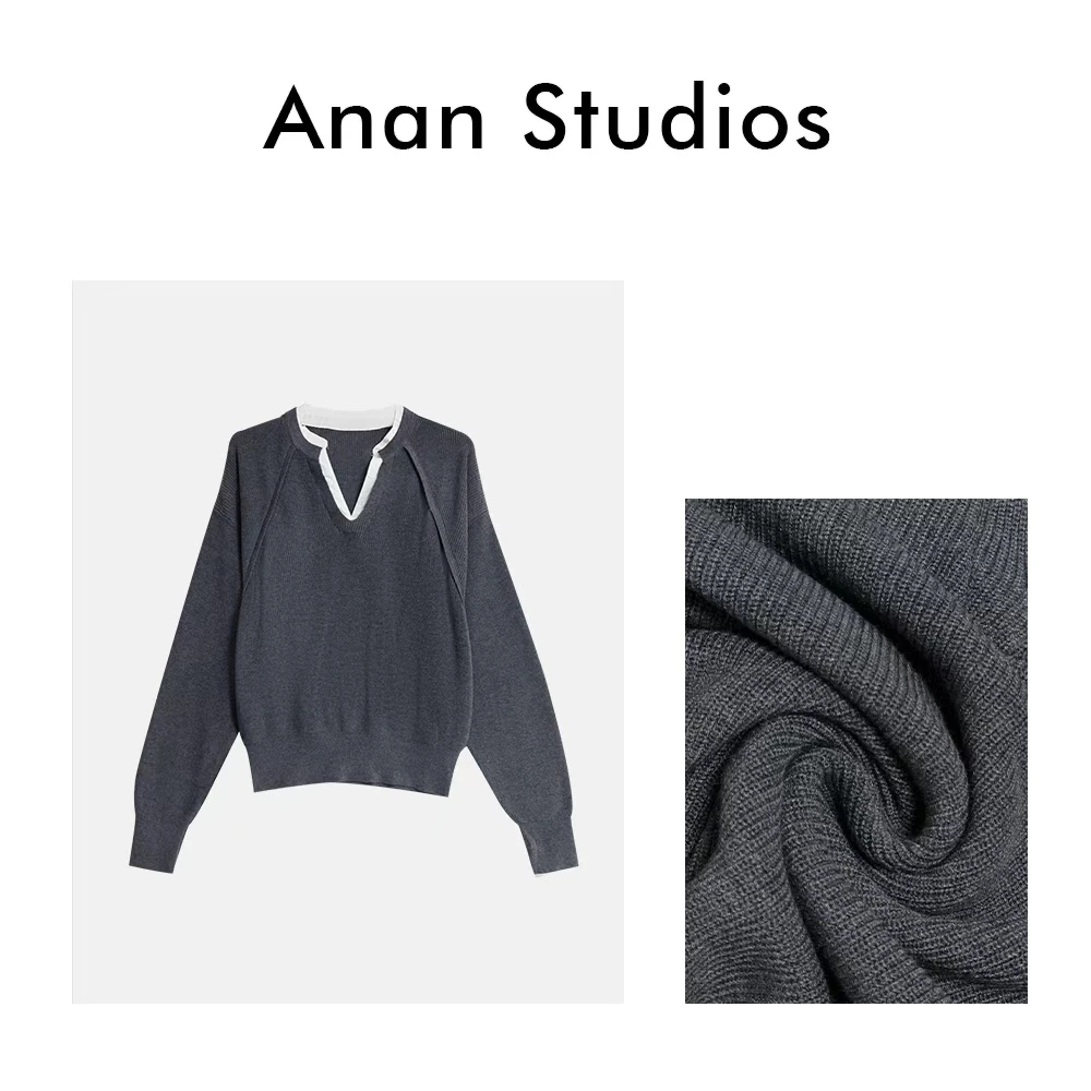 Anan Studios【半岛铁盒】宽松显瘦V领套头坑条休闲针织上衣65067