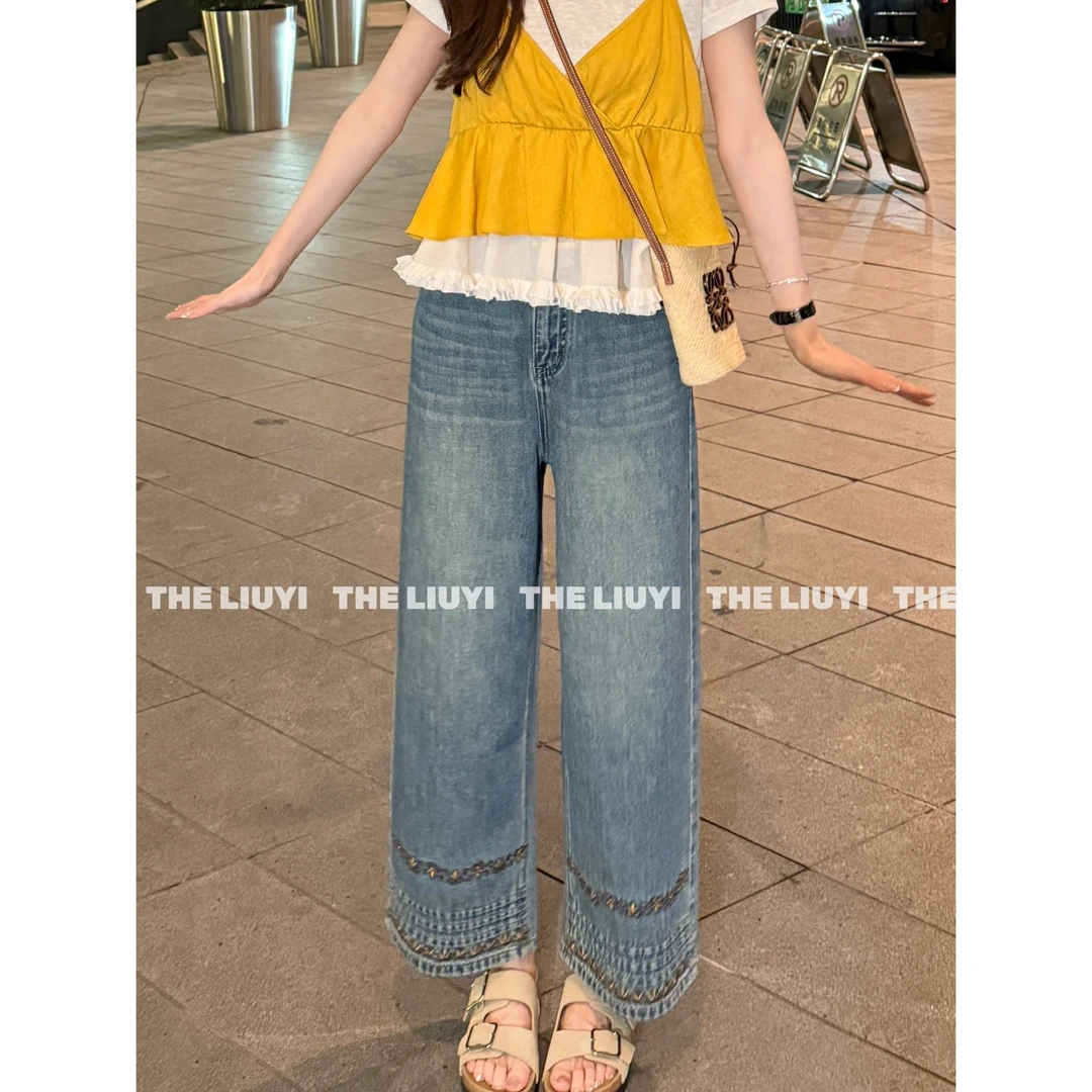 【LIUYI】花绣牛仔～重工刺绣九分牛仔直筒裤56217