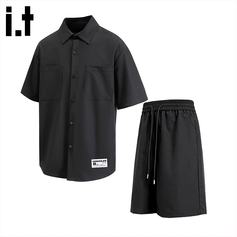 i.t:CHOCOOLATE男士潮牌休闲套装2025夏季薄款短袖衬衫短裤两件套
