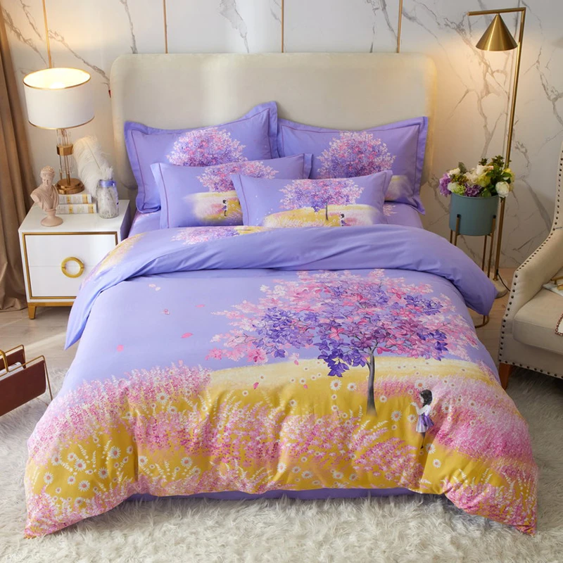 加厚纯棉斜纹四件套 纯棉厚实大版花卉紫色AB版卡通被罩床上用品