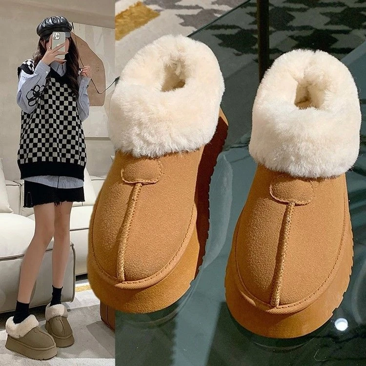 厚底时尚韩版套筒棉靴冬季一脚蹬高帮时尚雪地靴棉鞋百搭加绒加厚