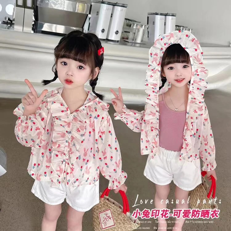 粉嫩可爱女童夏日超轻便衣甜美宝贝户外游玩防护衣兔子满印4478