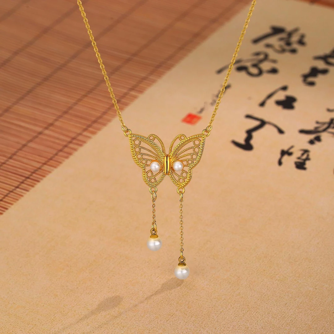 铜合金吊坠 珠珠磁吸花丝蝴蝶法式时尚气质百搭镂空小众设计项链