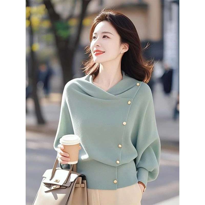 2025春秋韩式新款小众不规则设计感绿色针织衫女宽松百搭个性上衣