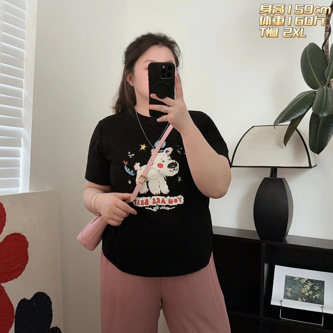 福福大码女装 正肩袖减龄显瘦卡通印花纯棉短袖T恤 圆领合身上衣