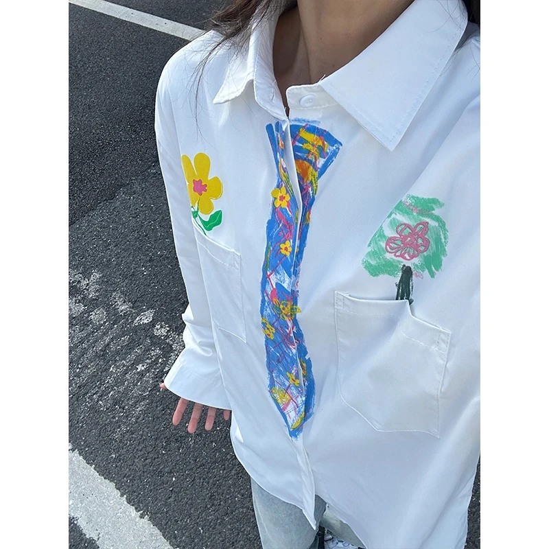 美式趣味手绘涂鸦衬衫男款春季高级感小众衬衣宽松休闲情侣薄外套