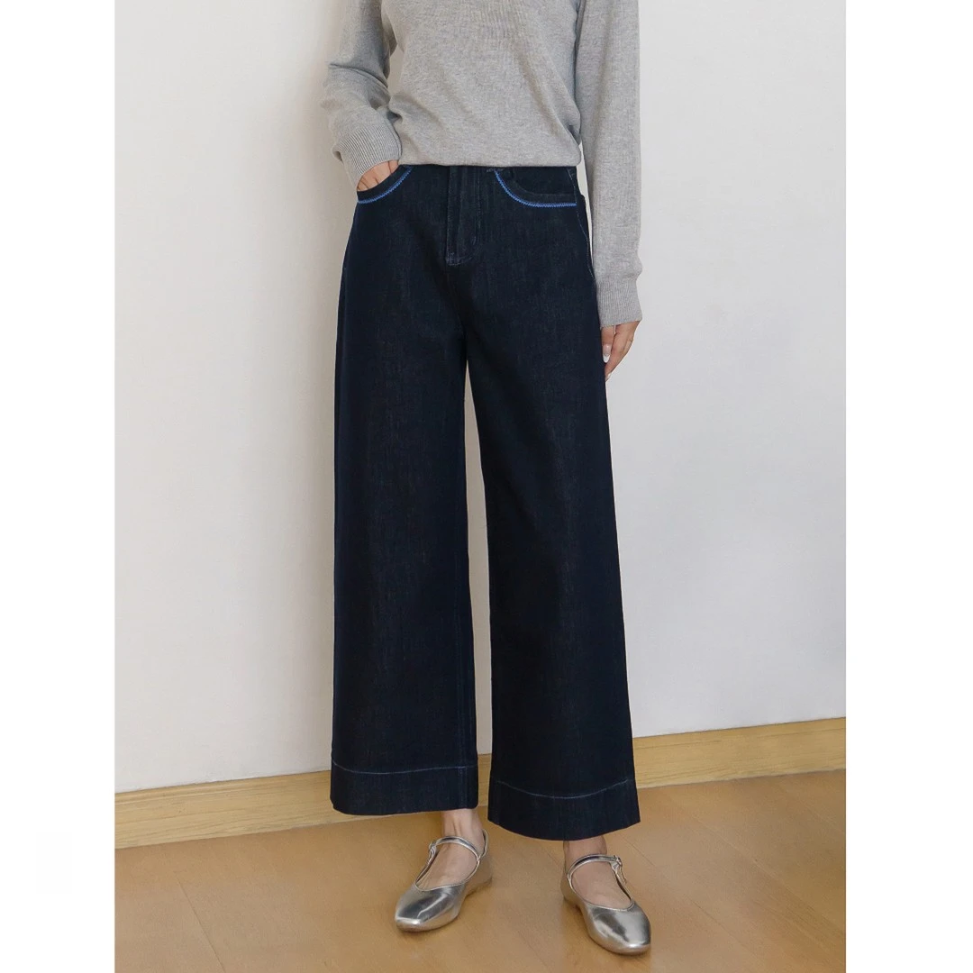 大码冬季款撞色刺绣高腰直筒牛仔裤女梨形身材遮胯显瘦百搭九分裤