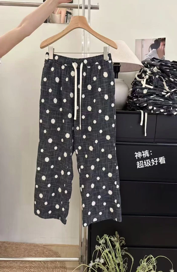 波点抽绳亚麻八分裤