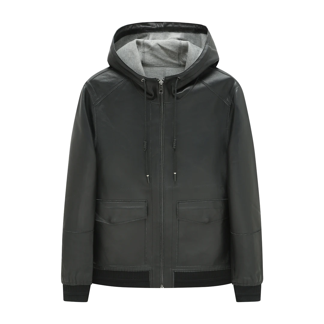 H1293春秋男士皮衣 绵羊皮革拉链连帽商务休闲外套  105556