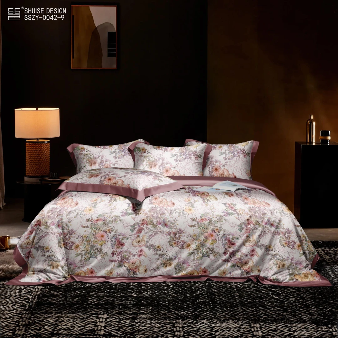 B5509 纯棉100s活性数码印花双人床单 花海-绯红245*250高端大气