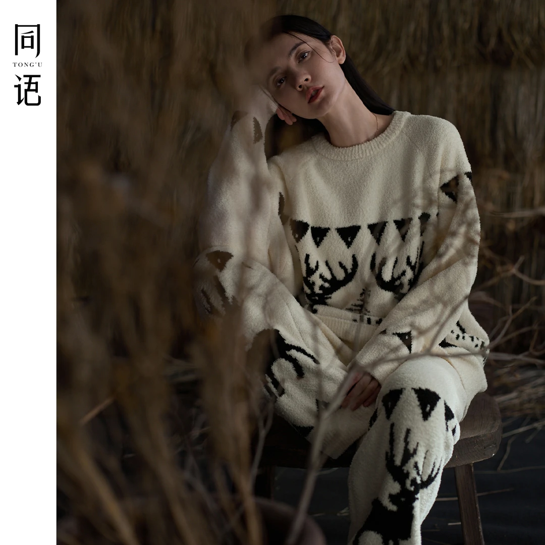 同语半边绒睡衣加绒女款新款秋冬季加厚珊瑚绒保暖长袖套装家居服