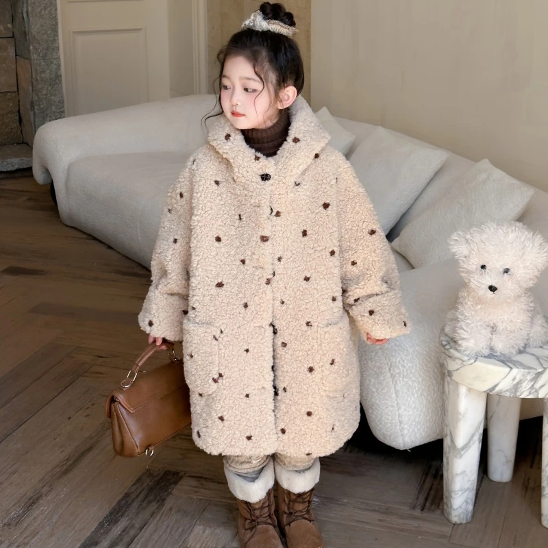 25新款女童环保羊绒豹点防羊羔毛连帽大衣皮毛一体中长款保暖时尚