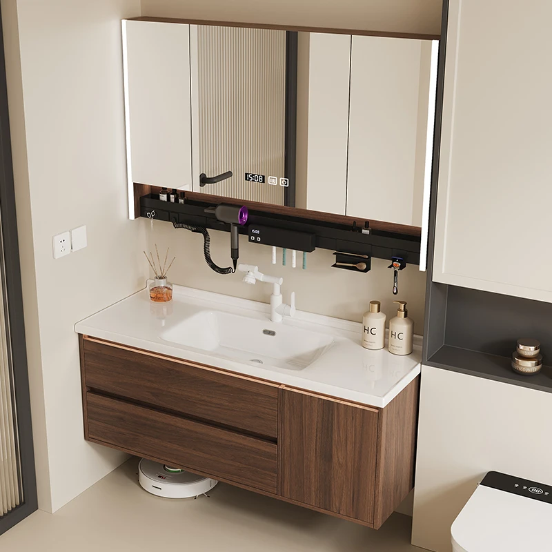 新中式胡桃木浴室柜组合卫生间陶瓷一体盆洗漱台洗手洗脸盆柜智能