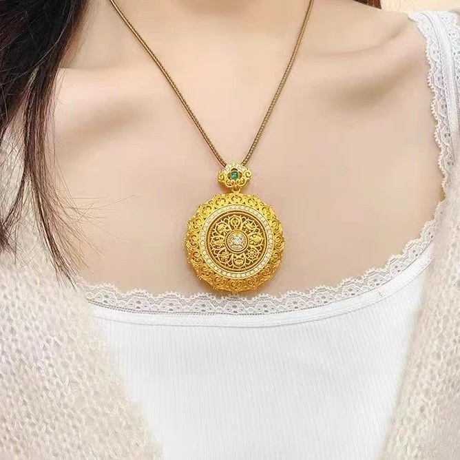 铜合金项链 新中式复古镂空古法镶钻转动八宝罗盘吊坠项链饰品