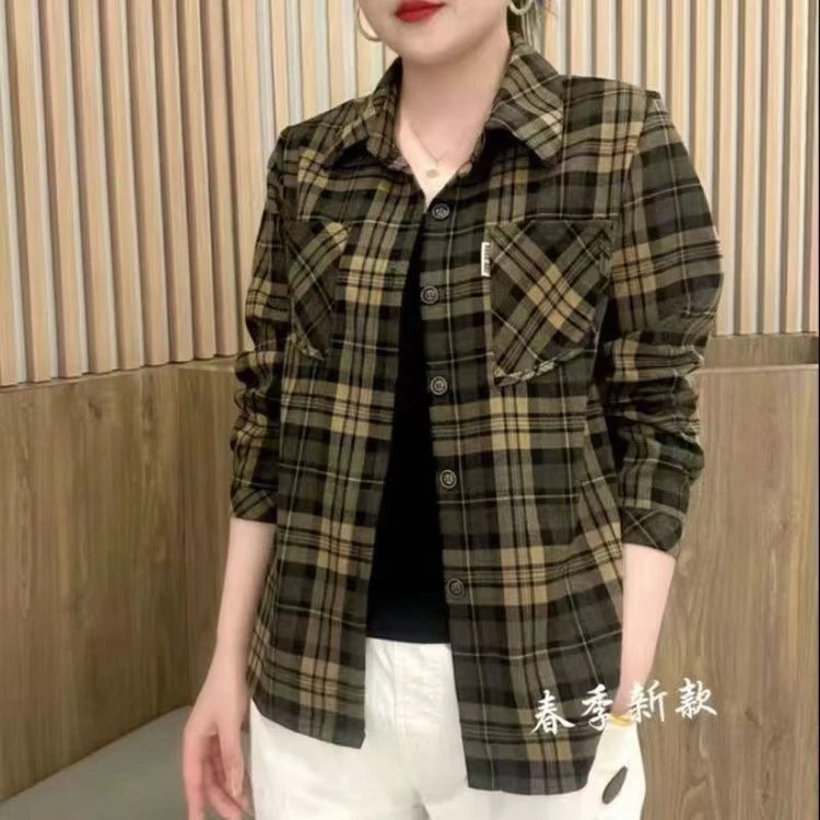 时尚百搭2025春季休闲减龄直筒中老年妈妈装格子衬衫上衣长袖