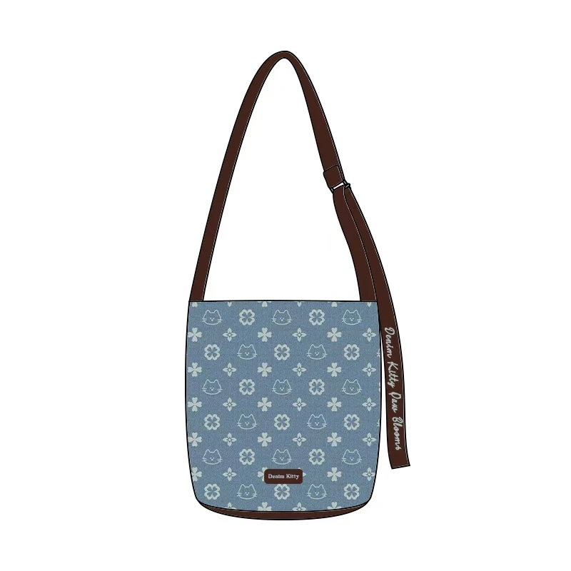 艺术鸭复古牛仔绿猫椭圆底飘带拉链水桶包单肩斜跨手提通勤包包