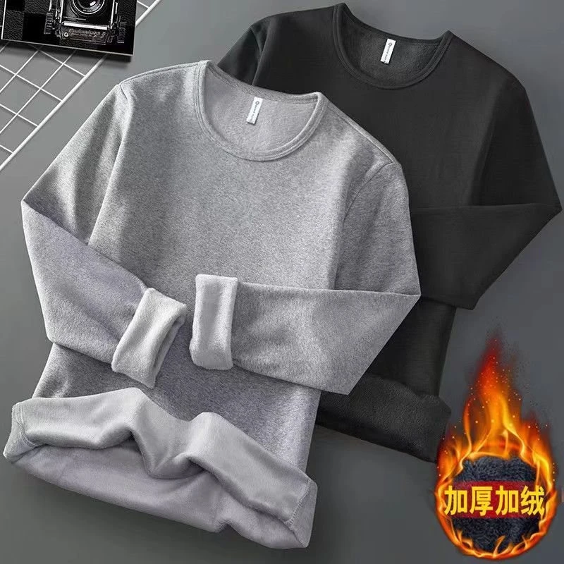 男士长袖保暖加绒t恤秋冬新款圆领修身打底衫宽松内搭上衣卫衣
