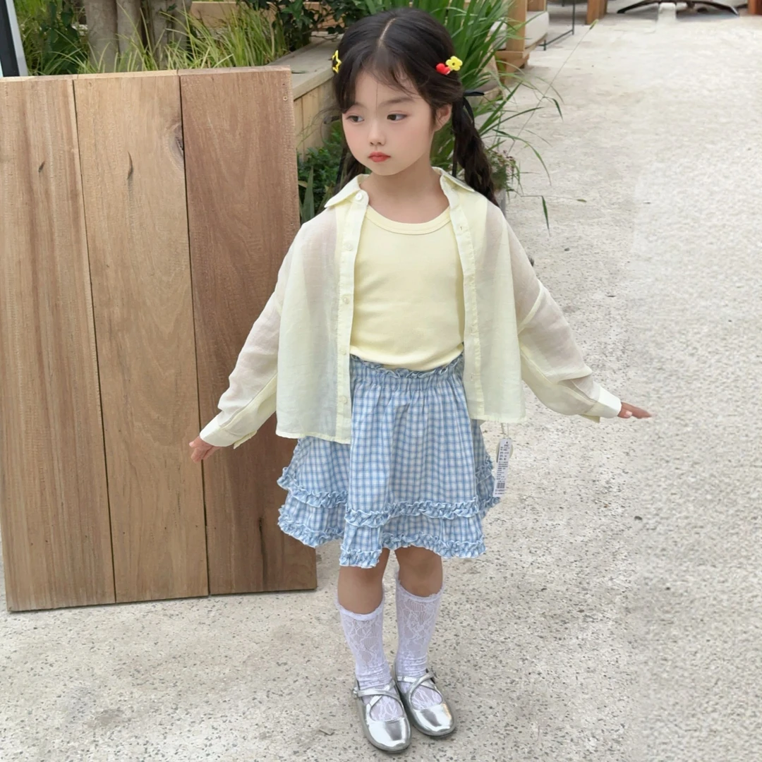 【云朵小葵】女童夏季蓝色格子双层花边半裙252135