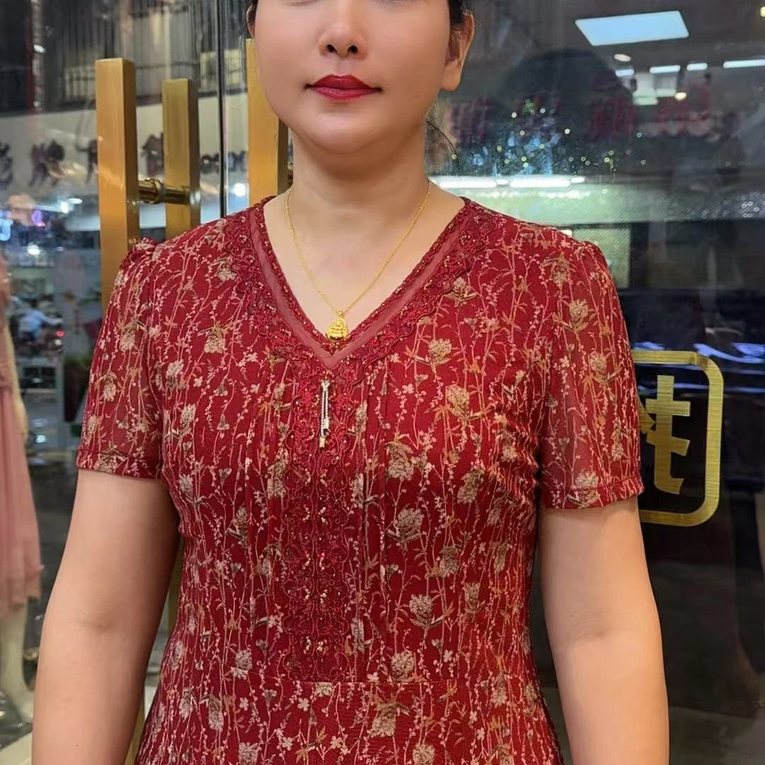 夏季中老年妈妈透气台湾丝连衣裙