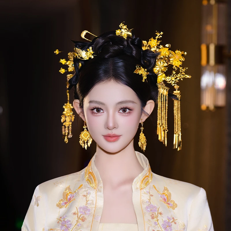 合金婚庆饰品 新娘全金色秀禾花朵流苏减龄俏皮结婚发饰品MT0155