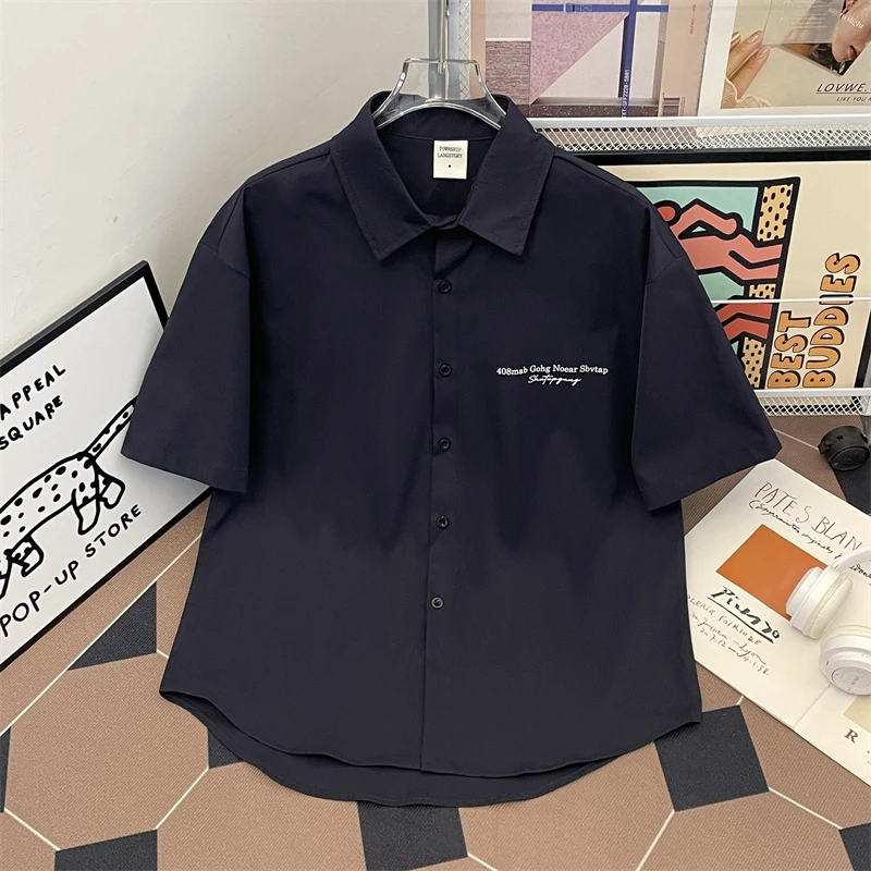 短袖衬衫男夏季2025新款高级感宽松休闲五分半袖黑色衬衣ins外套