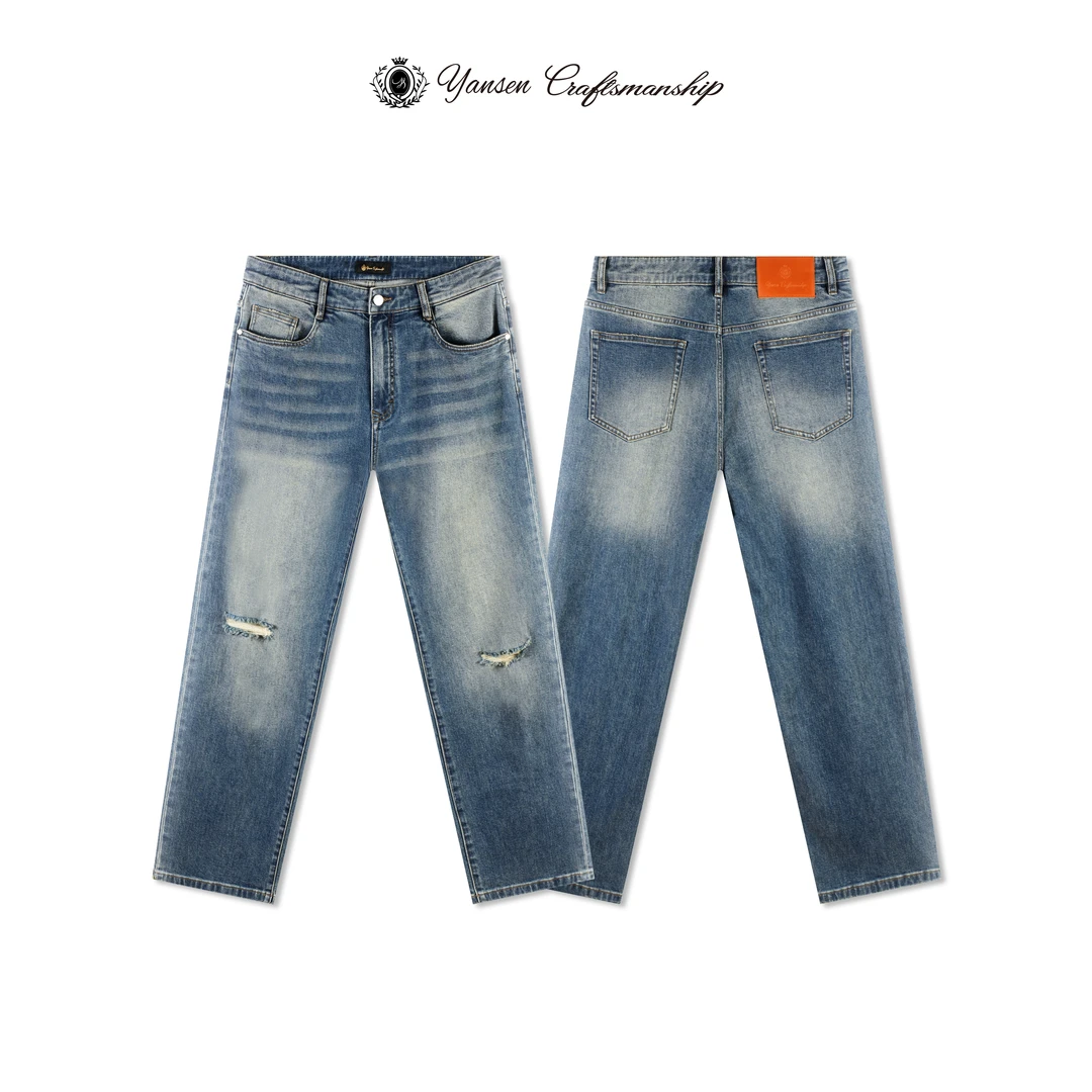 【黑标系列】复古做旧水洗手擦磨猫须破洞蓝色牛仔裤 YS050