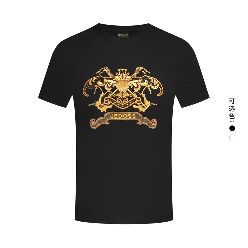 JEDOSS/爵迪斯男士鸢尾花珠片百搭烫钻刺绣圆领老钱风短袖T恤Z110