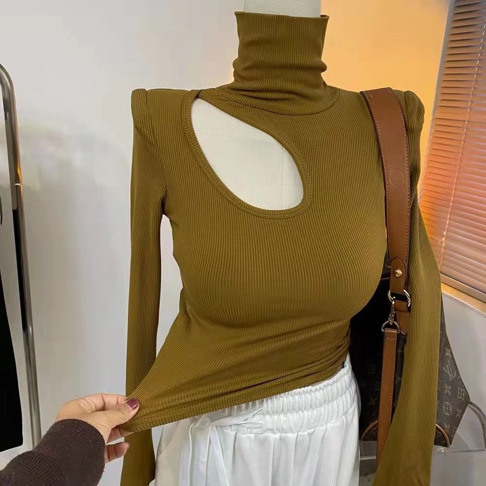 磨毛加绒保暖加厚显瘦百搭高领镂空修身螺纹气质长袖T恤女打底衫