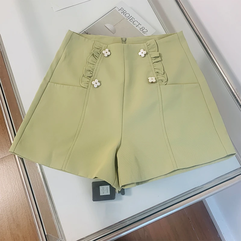 绿色西装短裤女2025夏季爆款外穿口袋裤子高腰显瘦质感a字阔腿裤